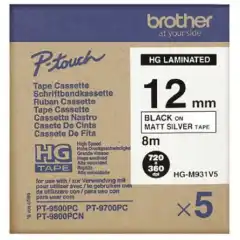 Brother P-Touch Tape Laminat Sort på Sølv 12mm 5stk